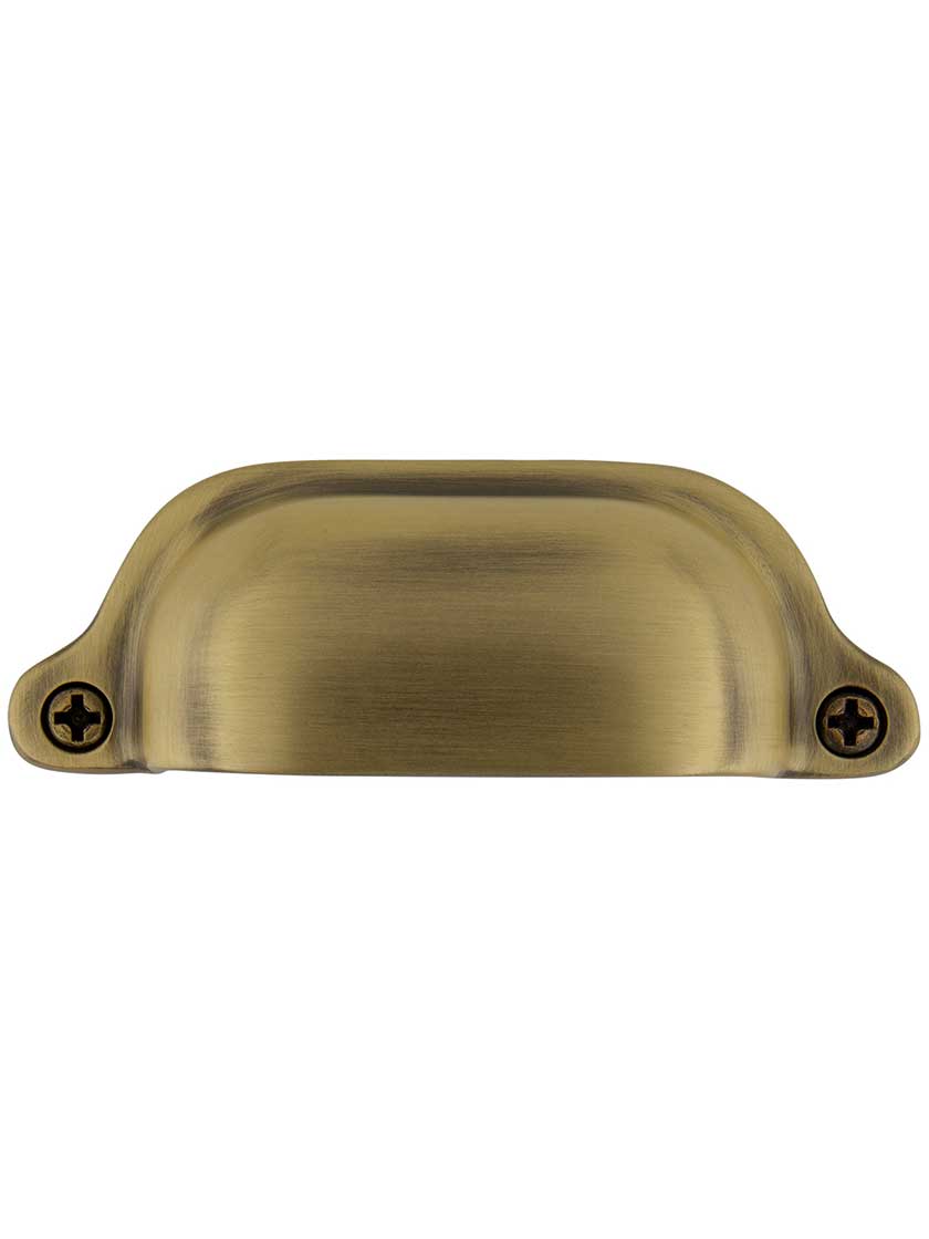 Traditional Solid-Brass Cup Pull 3 inch Center-to-Center in Antique Brass.